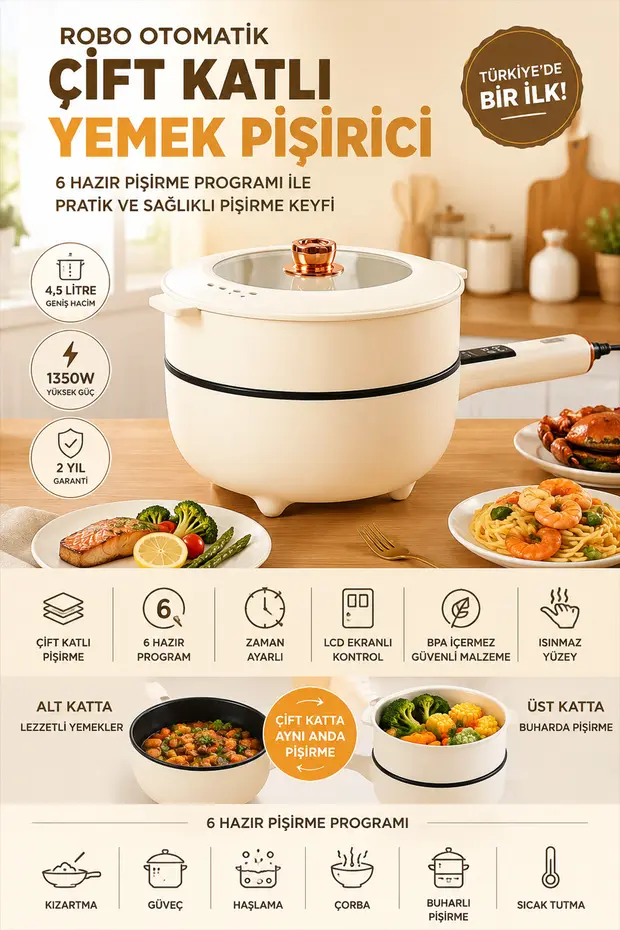 Çift Katlı Dijital Elektrikli Otomatik Yemek Pişirici Tencere 4.5 Litre 32 Cm Çift Katlı Dijital Elektrikli Otomatik Yemek Pişirici Tencere 4.5 Litre 32 Cm